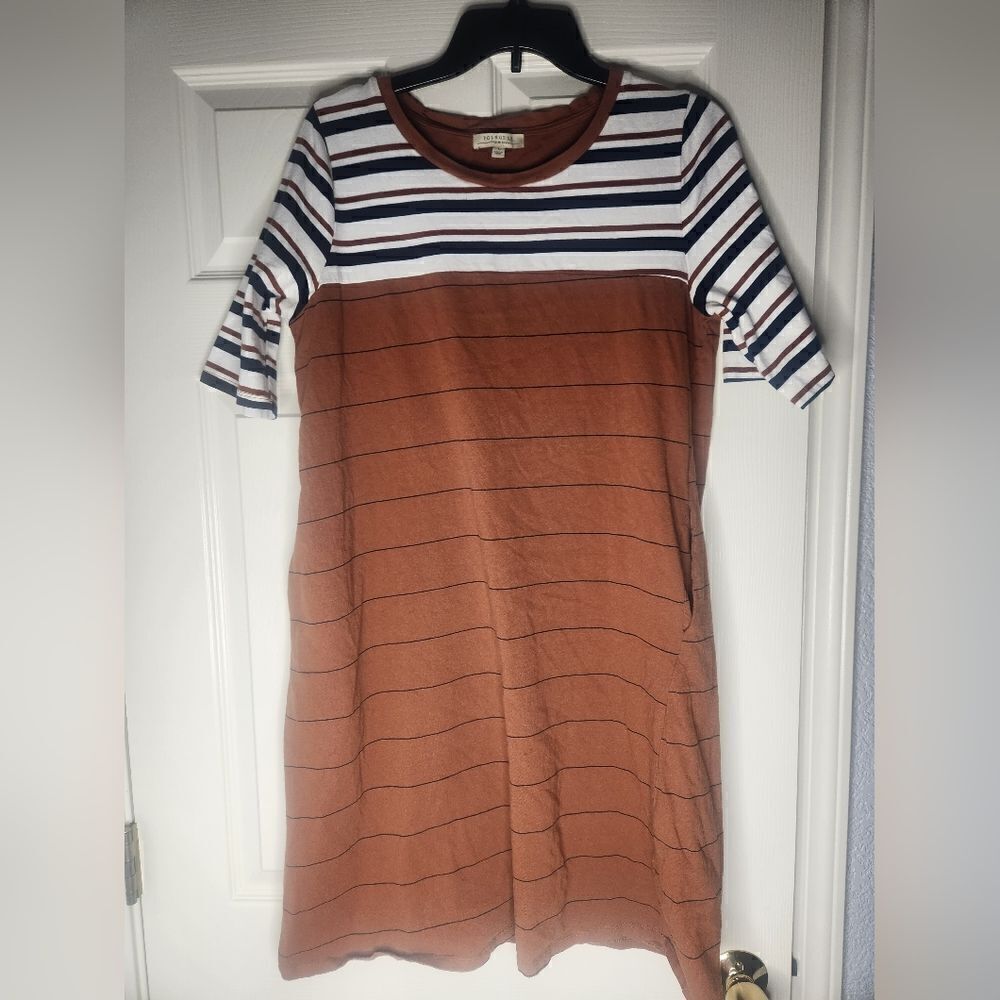 Polagram L 100% Cotton Striped Brown Black White ShrtSlvs Pockets Women's Dress